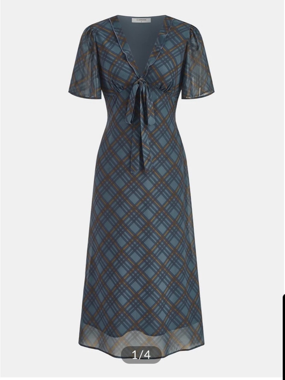 Commense Slate Blue Plaid Chiffon Tie-Front Midi Dress